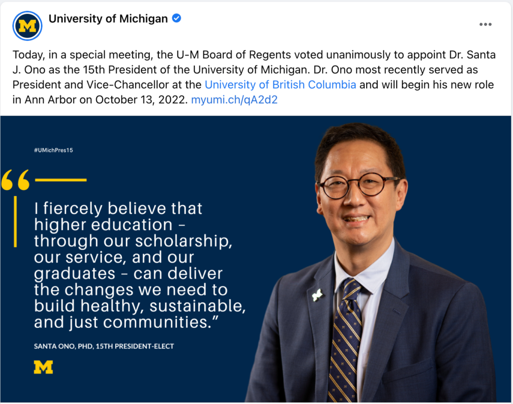 Screenshot of a Facebook post with a quote graphic from President Ono's announcement by the Board of Regents