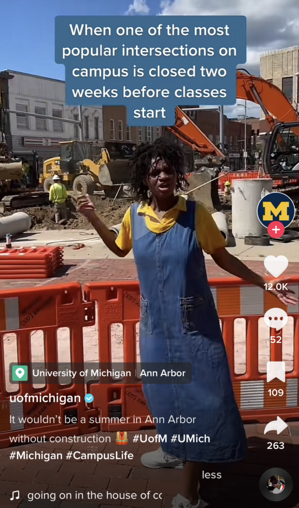 Screenshot of a TikTok showing a student in front of a construction site