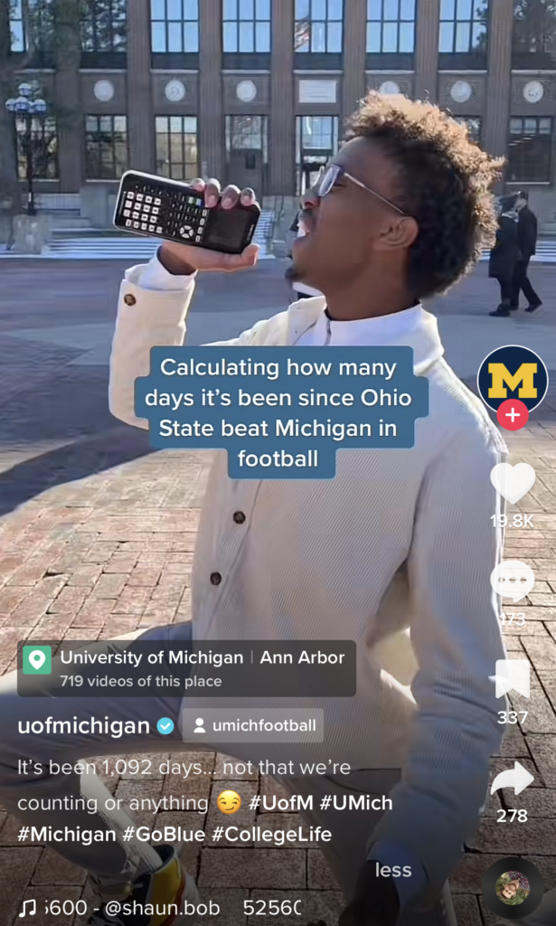 Screenshot of a TikTok of a student calculating how many days it's been since Ohio State beat Michigan in football