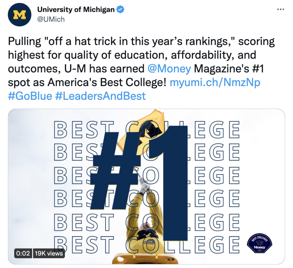 Screenshot of a tweet with a graphic that shows #1 ranking.