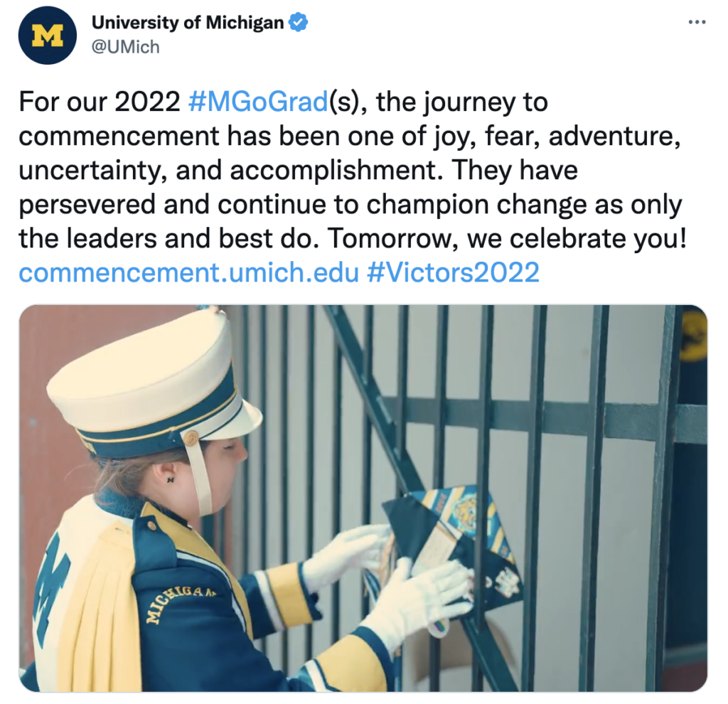 Image of a tweet and a still of a video showing a member of the marching band putting a grad cap at Michigan Stadium.