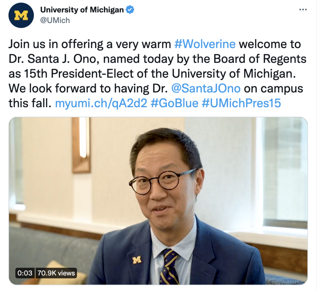 Screenshot of a tweet with a video of President Santa J. Ono.