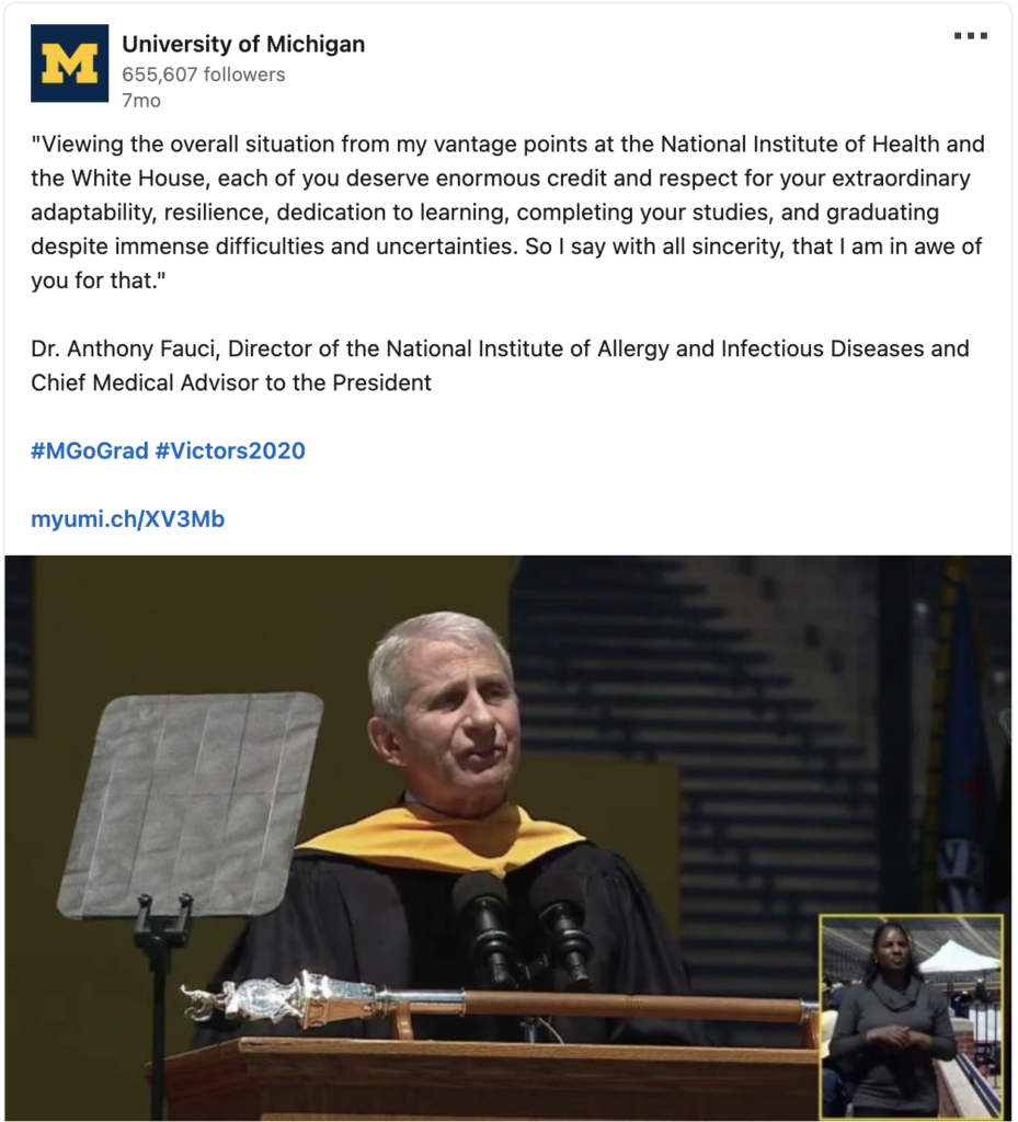 Dr. Fauci giving a speech to graduates at commencement