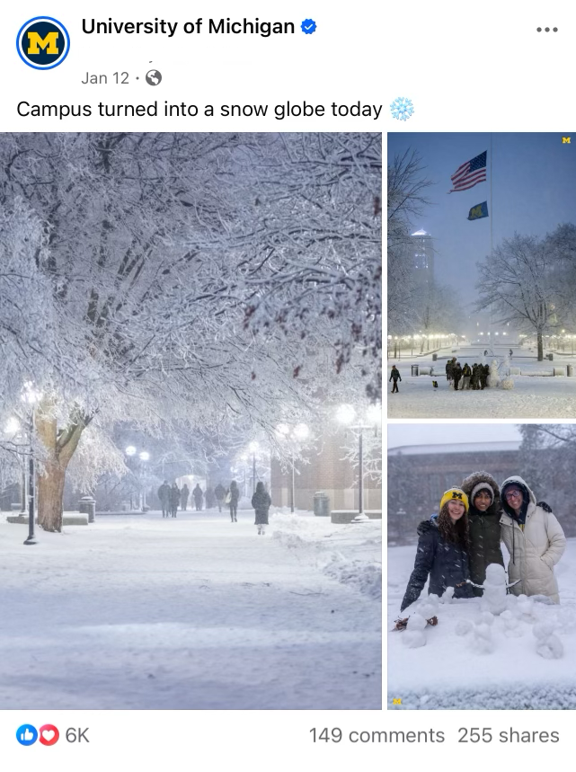 A screenshot of a Facebook post that shows three photos of a snowy campus.