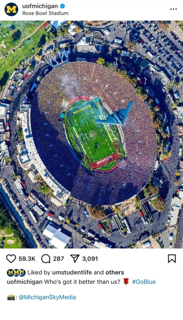 A screenshot of an Instagram post showing a jet flying above the Rose Bowl in 2024 when Michigan played Alabama.