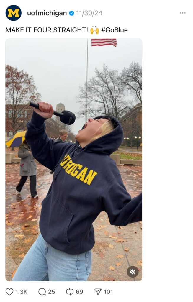 A screenshot of a social media post showing a Michigan student yelling into a microphone because Michigan football beat Ohio State football for the fourth year in a row.