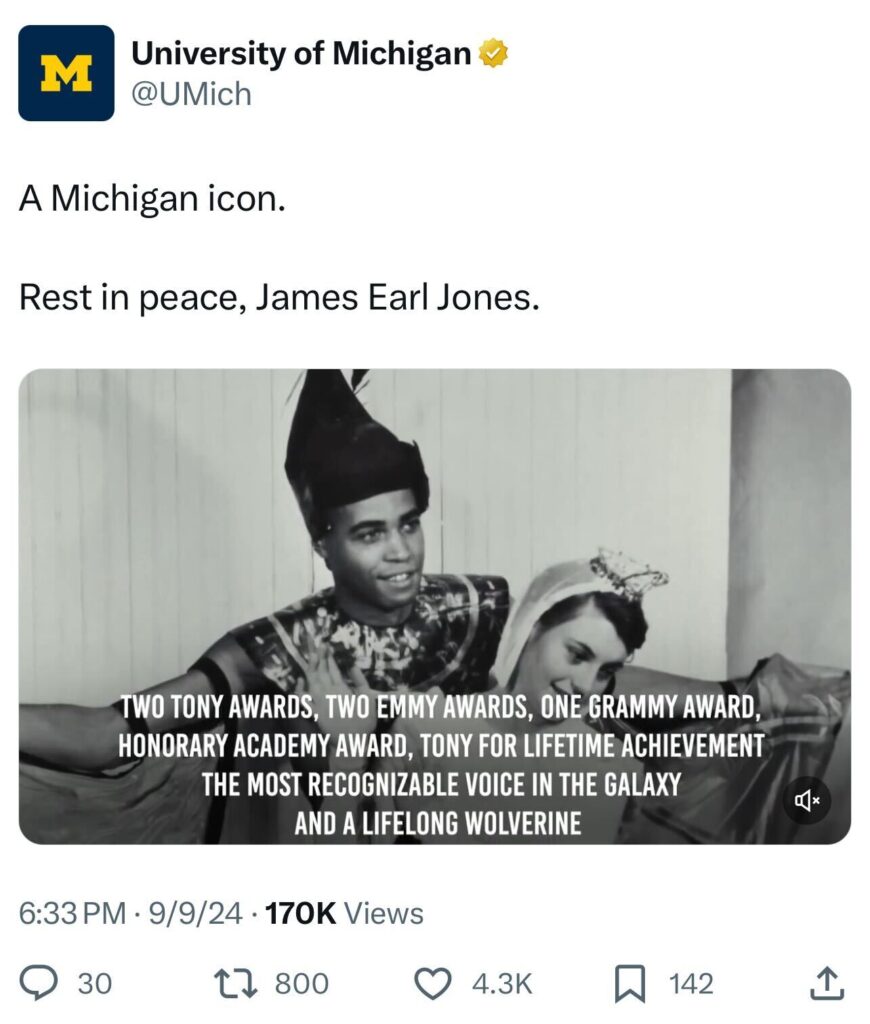 A screenshot of a post on X that pays tribute to James Earl Jones.