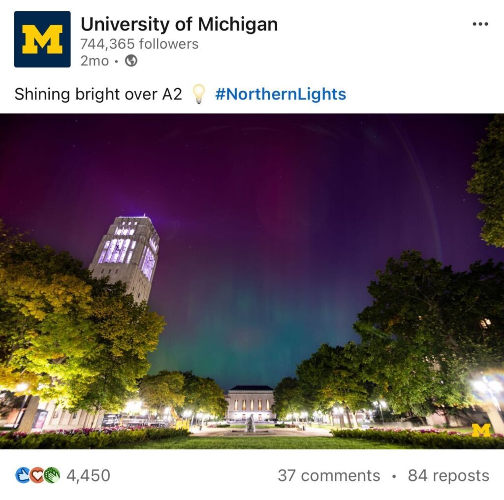 A screenshot of a LinkedIn post that shows a photo of the Northern Lights over campus.