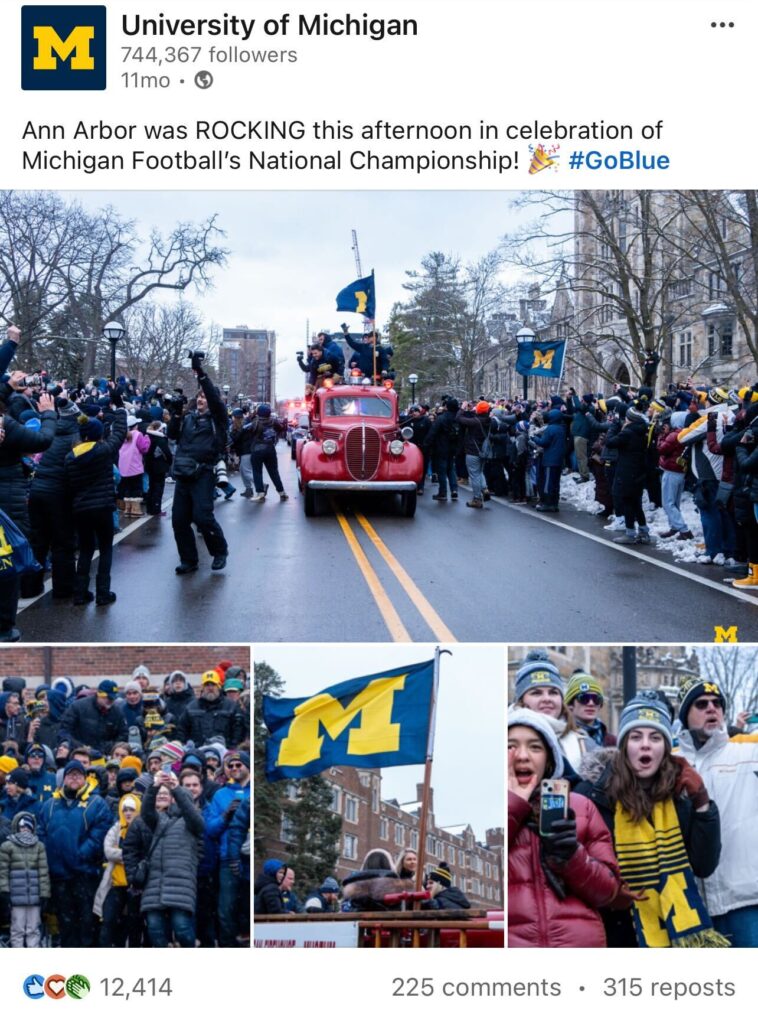 A screenshot of a LinkedIn post showing photos from the parade held in Ann Arbor for Michigan Football.